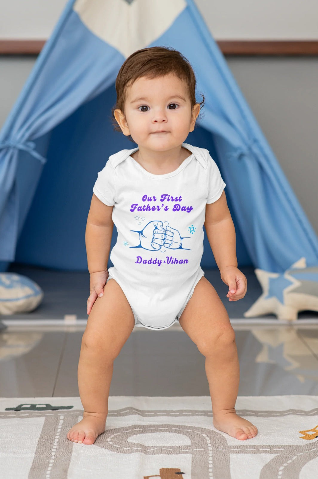 Our First Father's Day customized baby name _white onesie