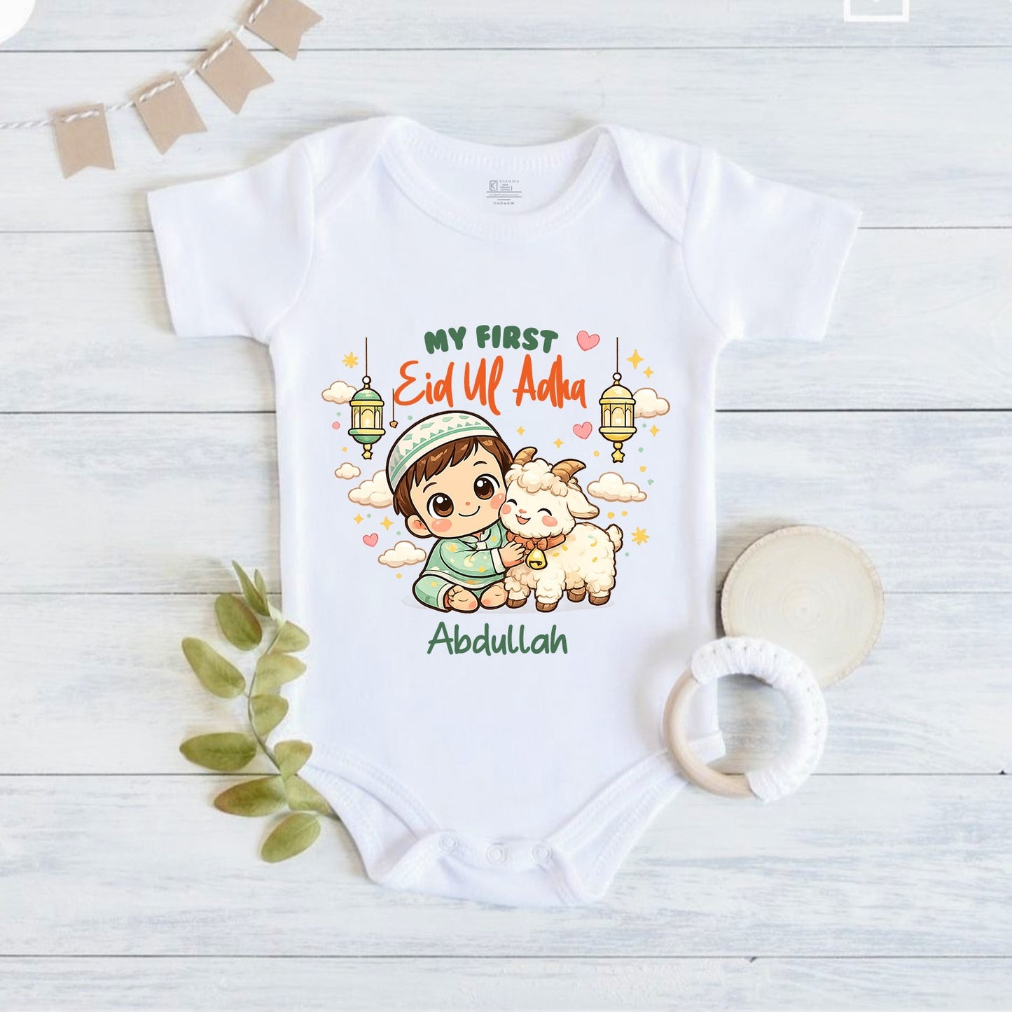 Newborn & Baby Clothing | My First Eid Ul Adha White Dress Romper With Personalized Baby Boy Name | Soft Cotton