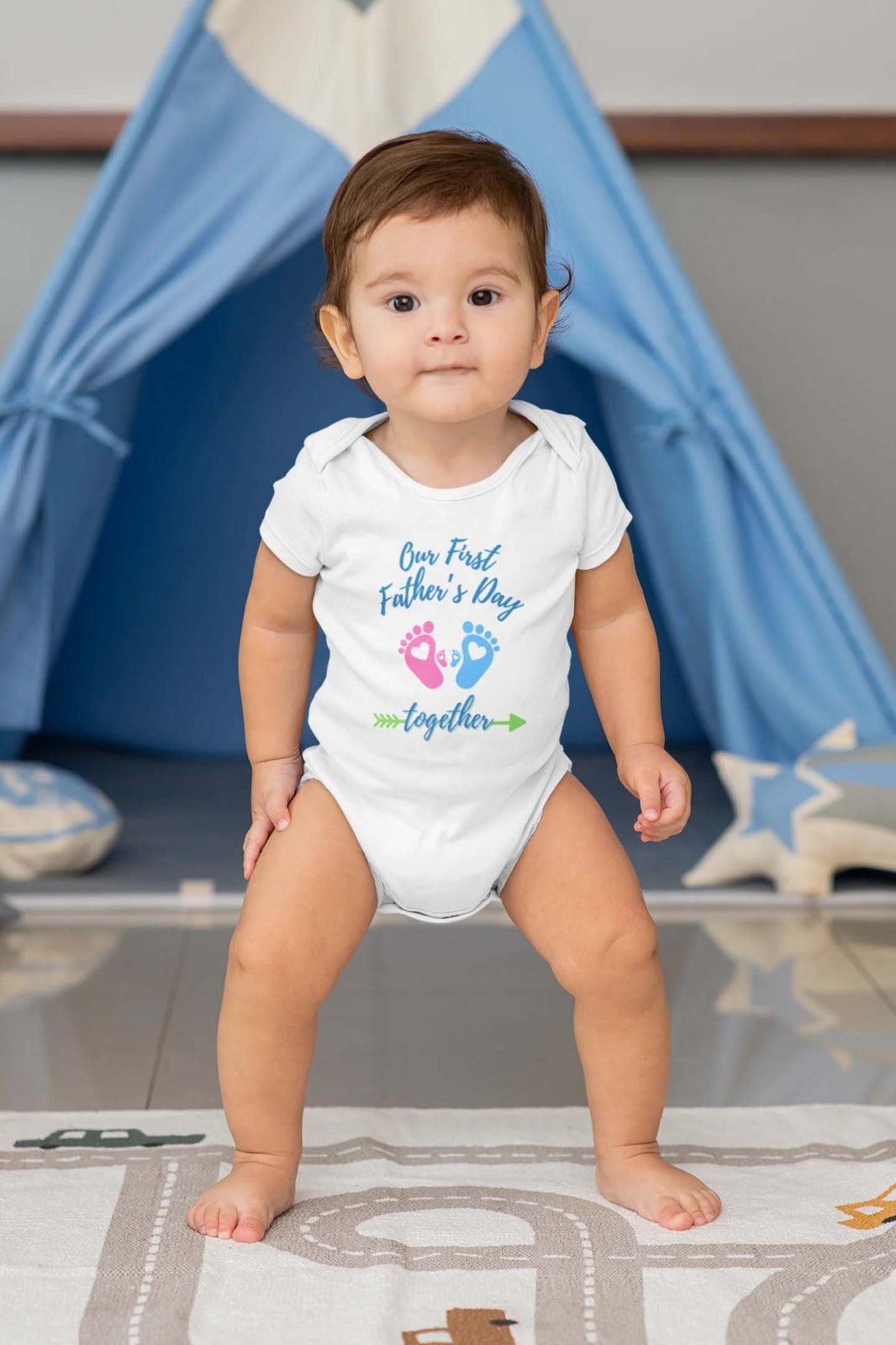 Our First Father's Day Together Footprint baby onesie _white