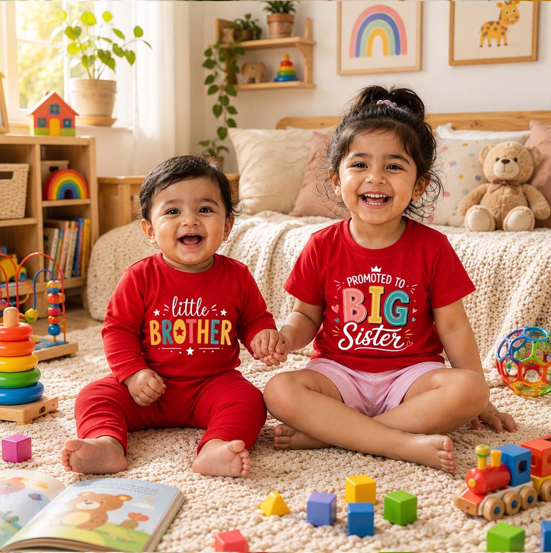 Combo pack of Promoted to Big Sis , Little Brother Full Romper and T-shirt Combo