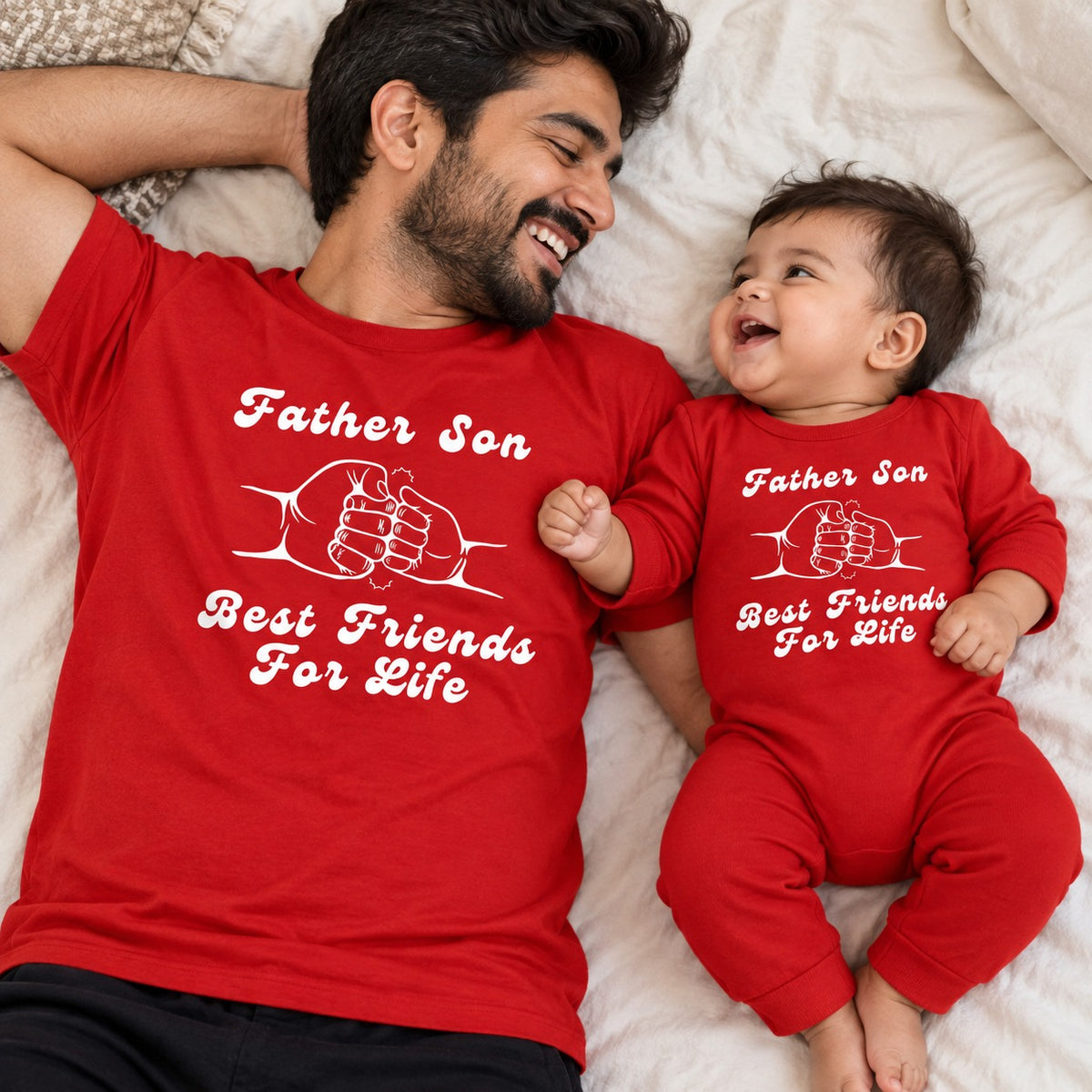 New Born & Baby Clothing | Father son best friends for life Twinning Red Sets T-shirt and Romper | Soft Cotton