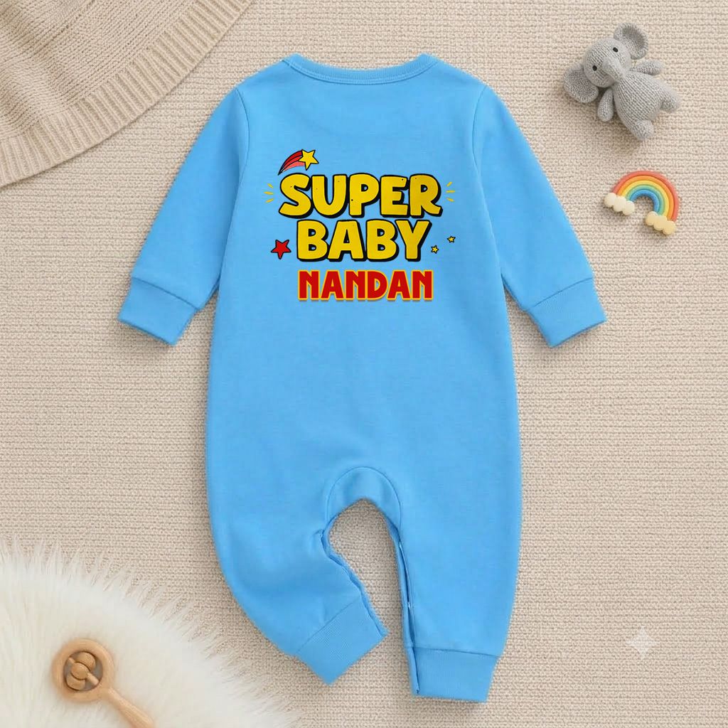 Cute Super Baby Photoshoot Outfit With Customized Baby Name for Newborns & Infants | Soft Blue Full Romper Cotton