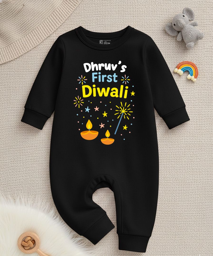 First Diwali With Customized Baby Name _ Full Black Romper