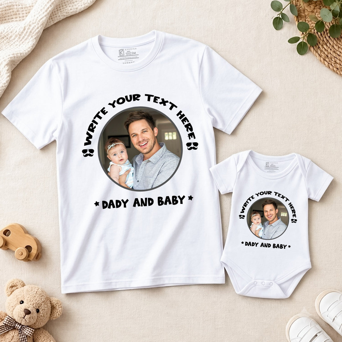 New Born & Baby Clothing | Father Daughter Twinning Sets T-shirt and onesie customized baby name with picture white | Soft T-shirt