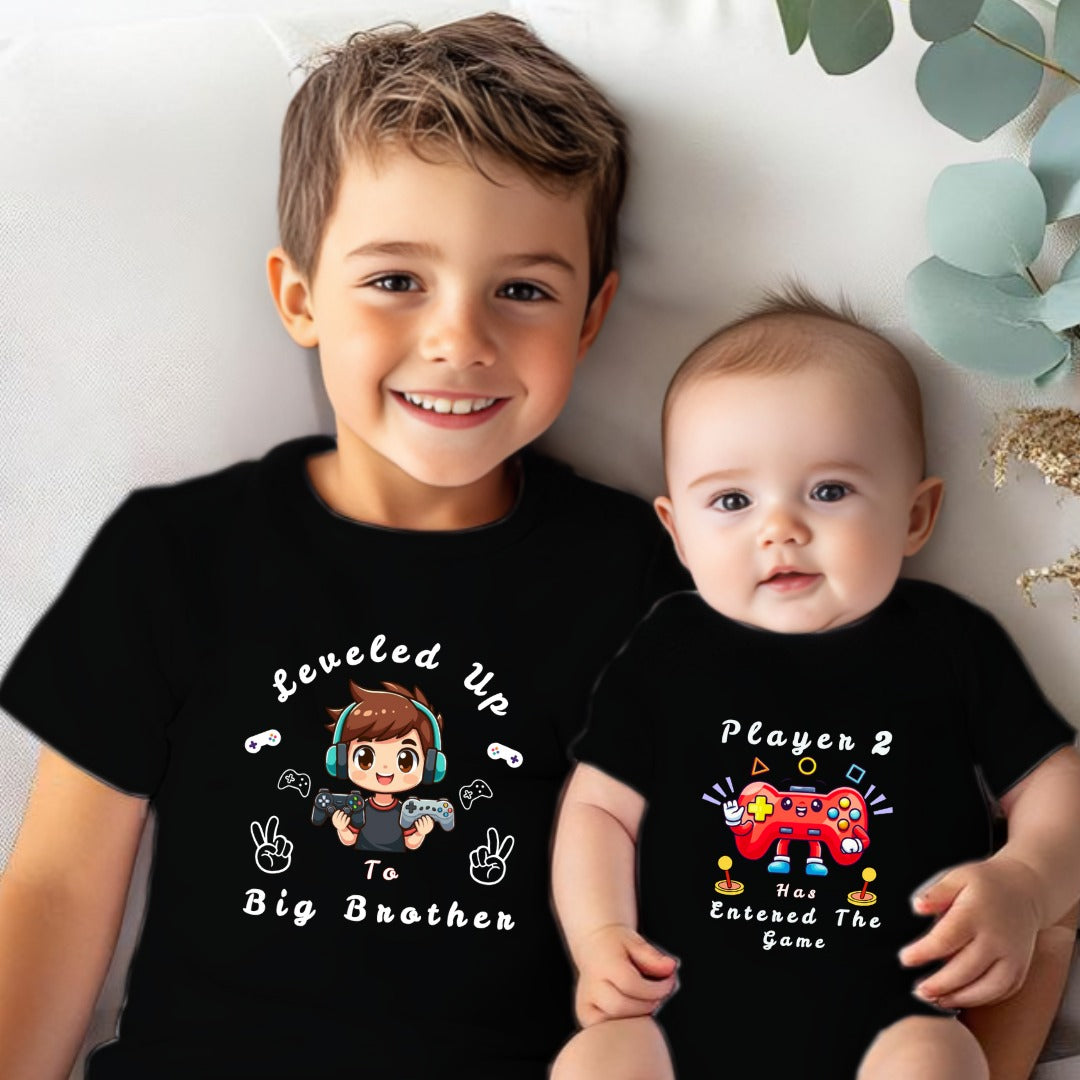 Combo pack of Leveled Up To Big Brother _ Black Tees & Onesie