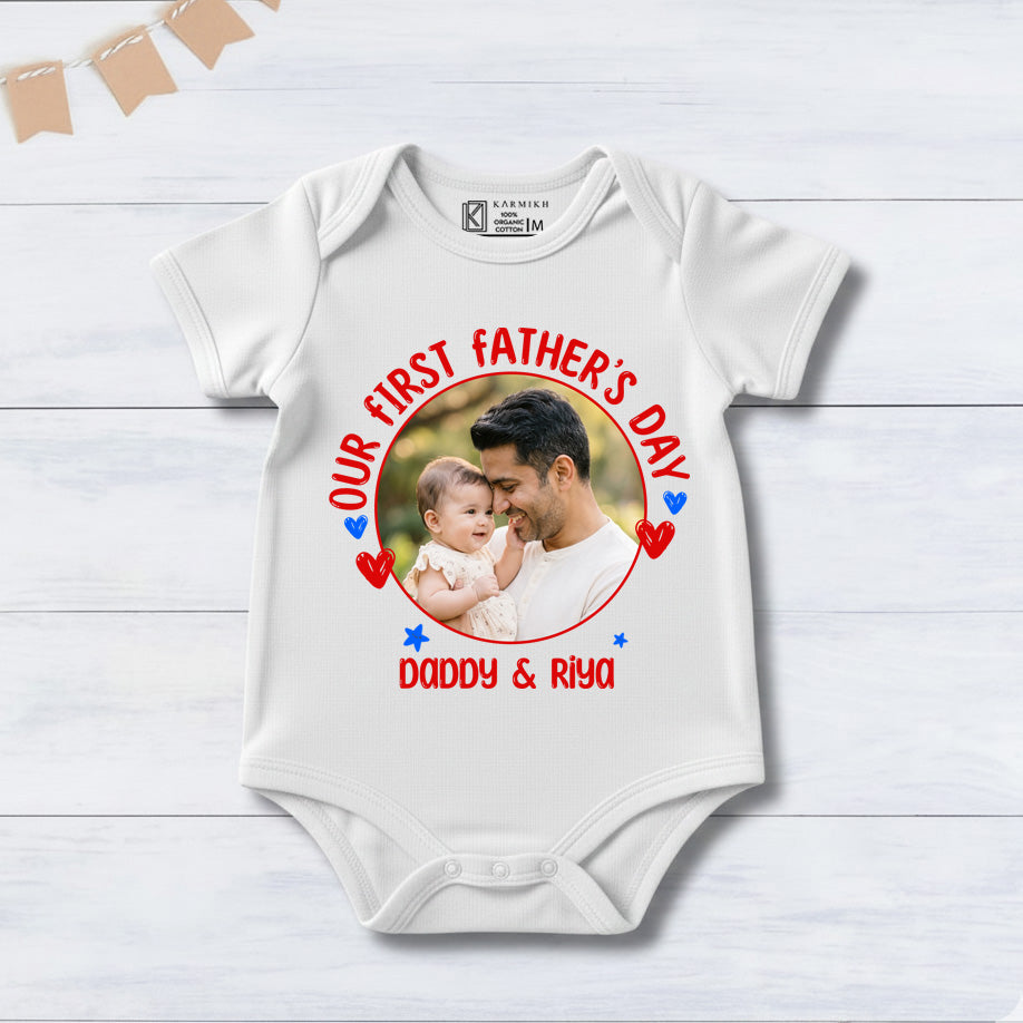 New Born & Baby Clothing | Our First Father's Day Together With Customized Baby Name & Photo White Bodysuit | Soft T-shirt