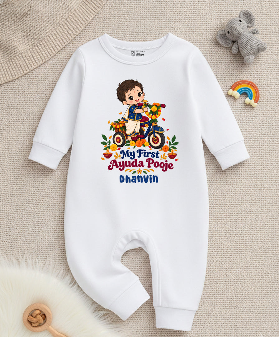 My First Ayuda Pooja With Customized Baby Name _ Full White Romper