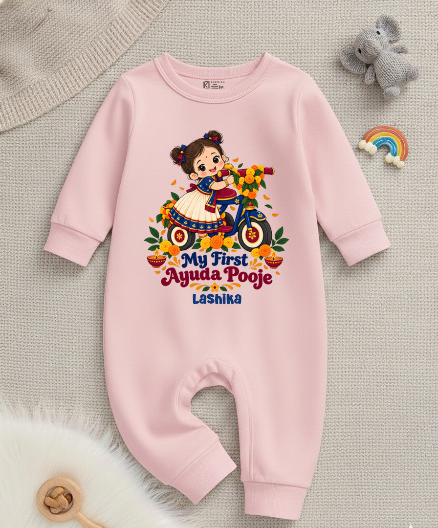 My First Ayuda Pooja With Customized Baby Girl Name _ Full Pink Romper
