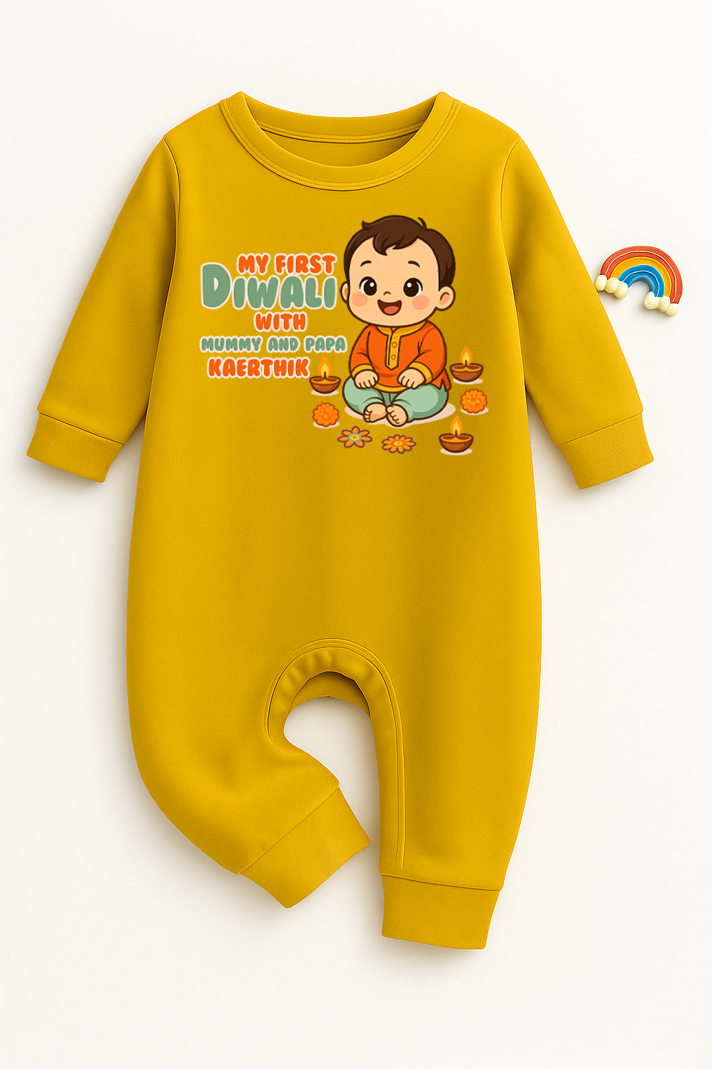My First Diwali With Mummy And Papa With Customized Baby Name _ Full Yellow Romper