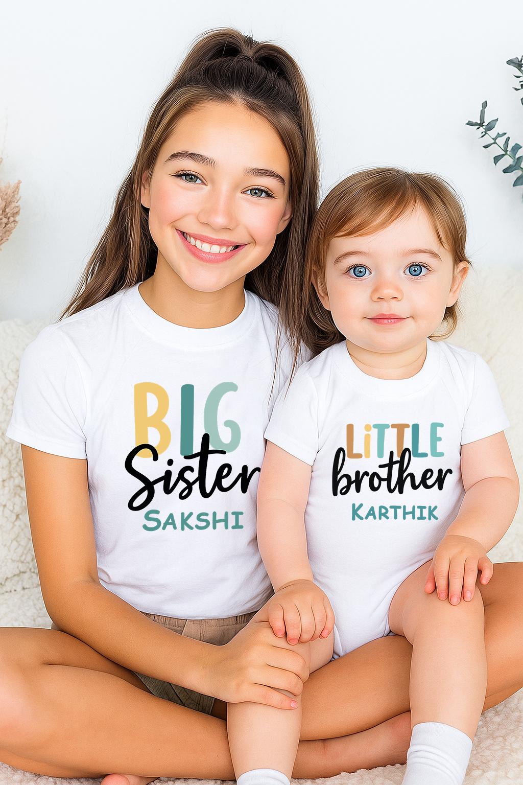 Combo pack of Big Sis, Little Brother with Customised Name_ White Tees & Onesie