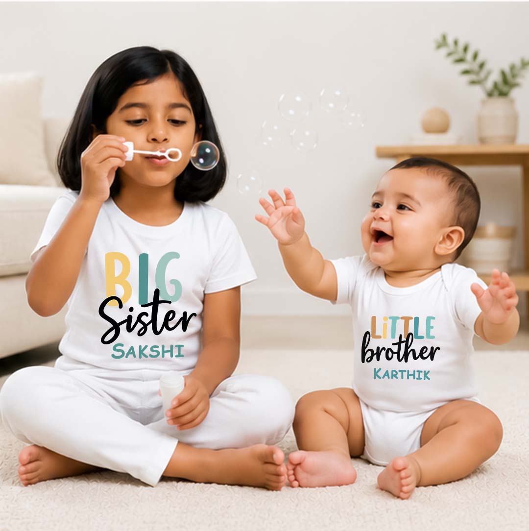 Combo pack of Big Sis, Little Brother with Customised Name_ White Tees & Onesie