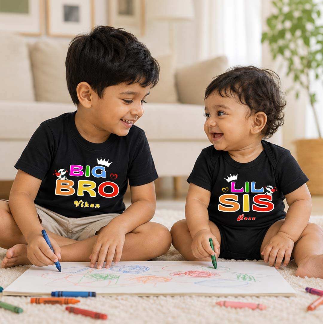 Combo pack of Big Brother, Little Sister with customised name_ Black Tees and Romper