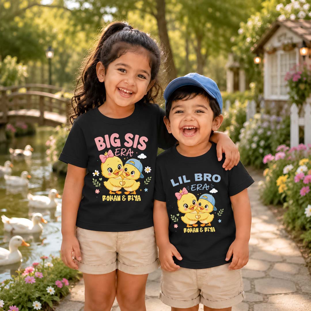 Combo pack of Big Sis & Lil Bro siblings with custom names Black Tees