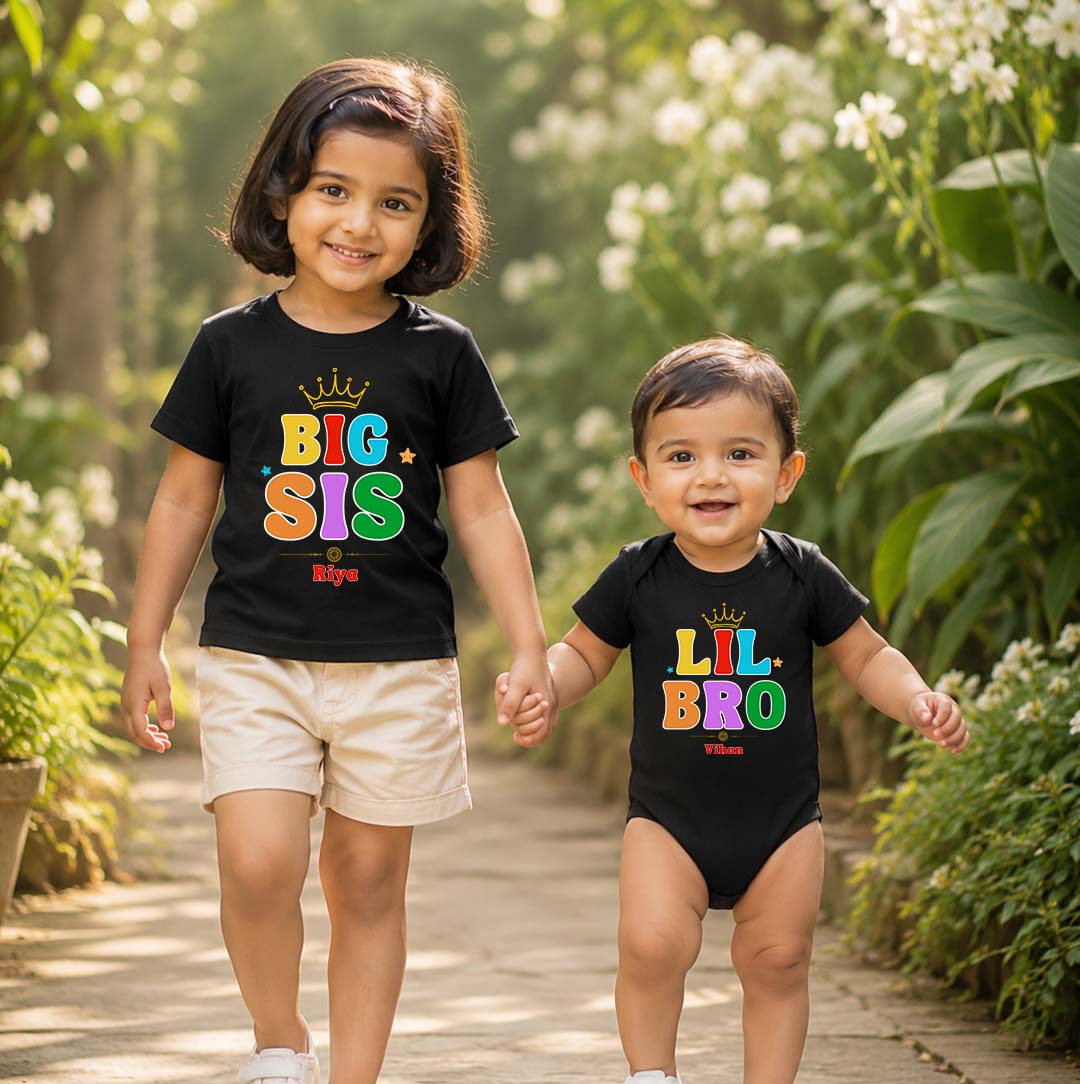 Combo pack of Big Sister, Little Brother Crown design with Customised Name_ Black Tees & Onesie