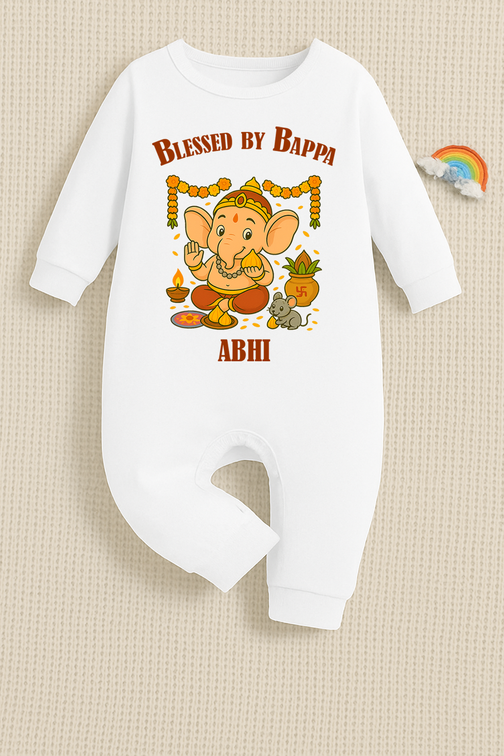 Blessed By Bappa with customised name_ Full White Romper