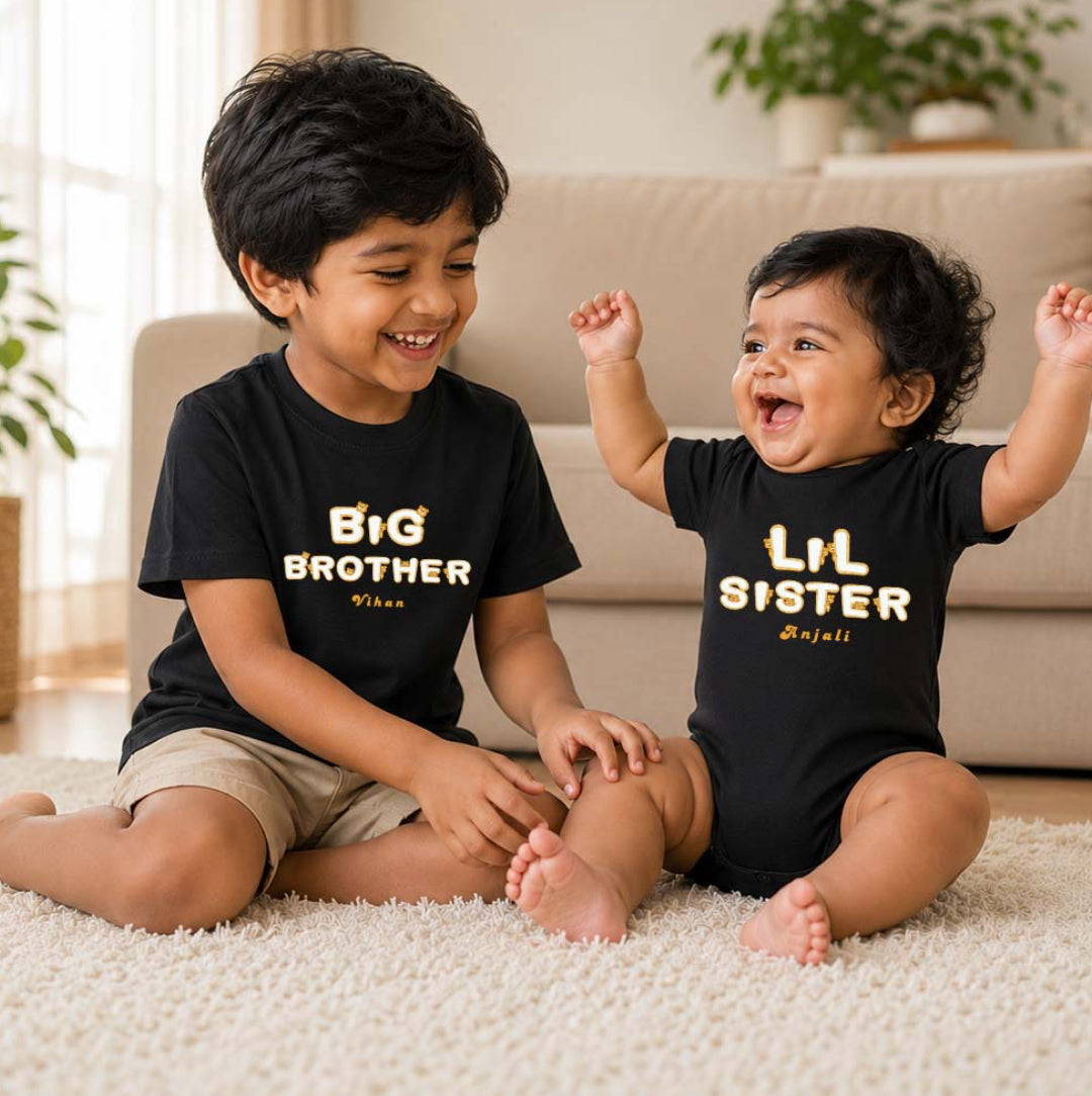 Combo pack of Big Brother, Little Sister with Customised Name_ Black Tees & Onesie