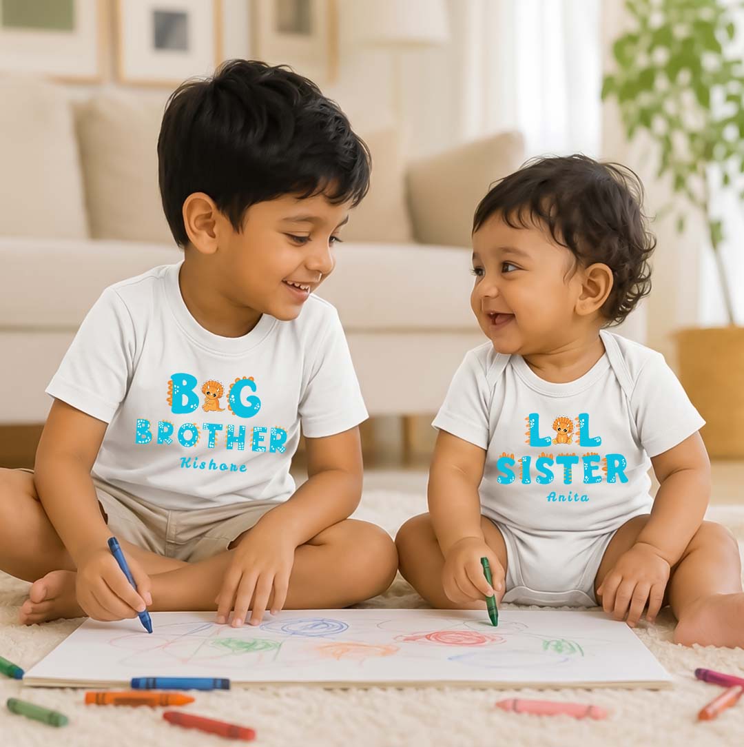 Combo pack of Big Brother, Little Sister with Customised Name_ White Tees & Onesie