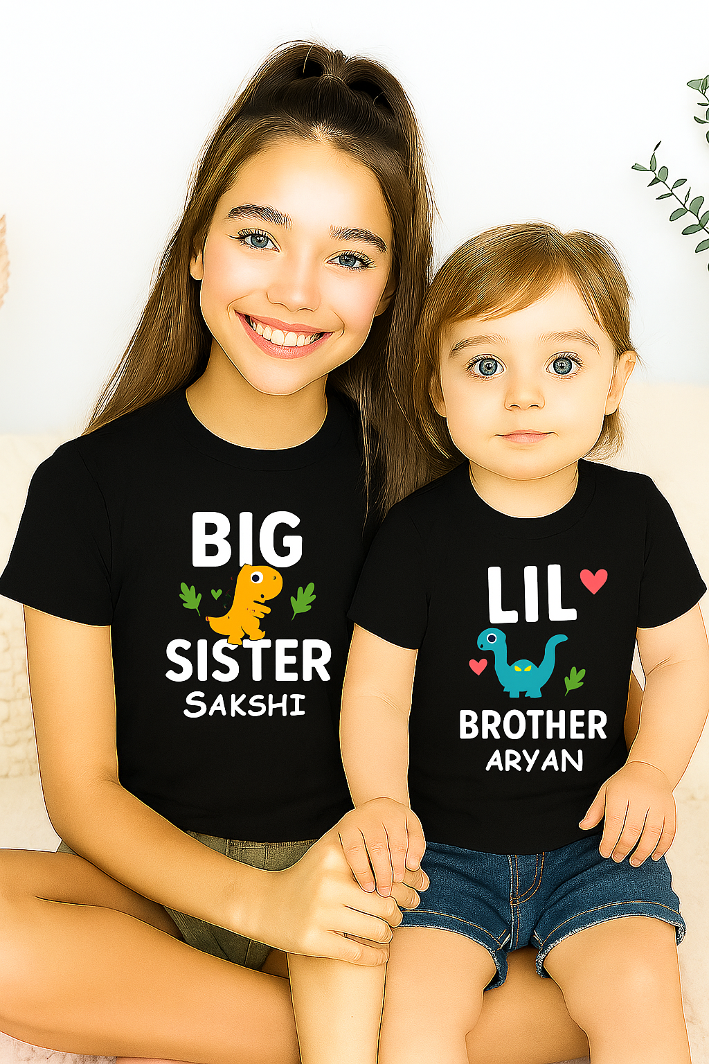 Combo pack of Big Sister, Little Brother cute design with Customised Name_ Black Tees
