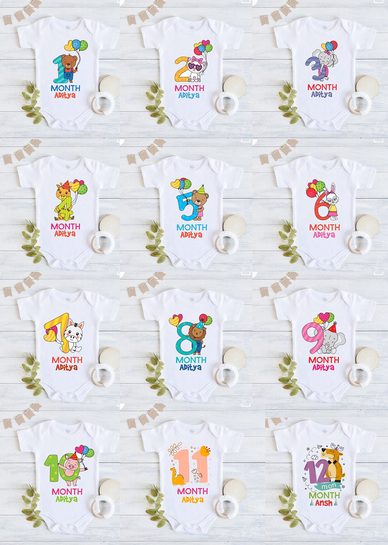 Infant monthly birthday 12 Months of Love and Happiness onesies