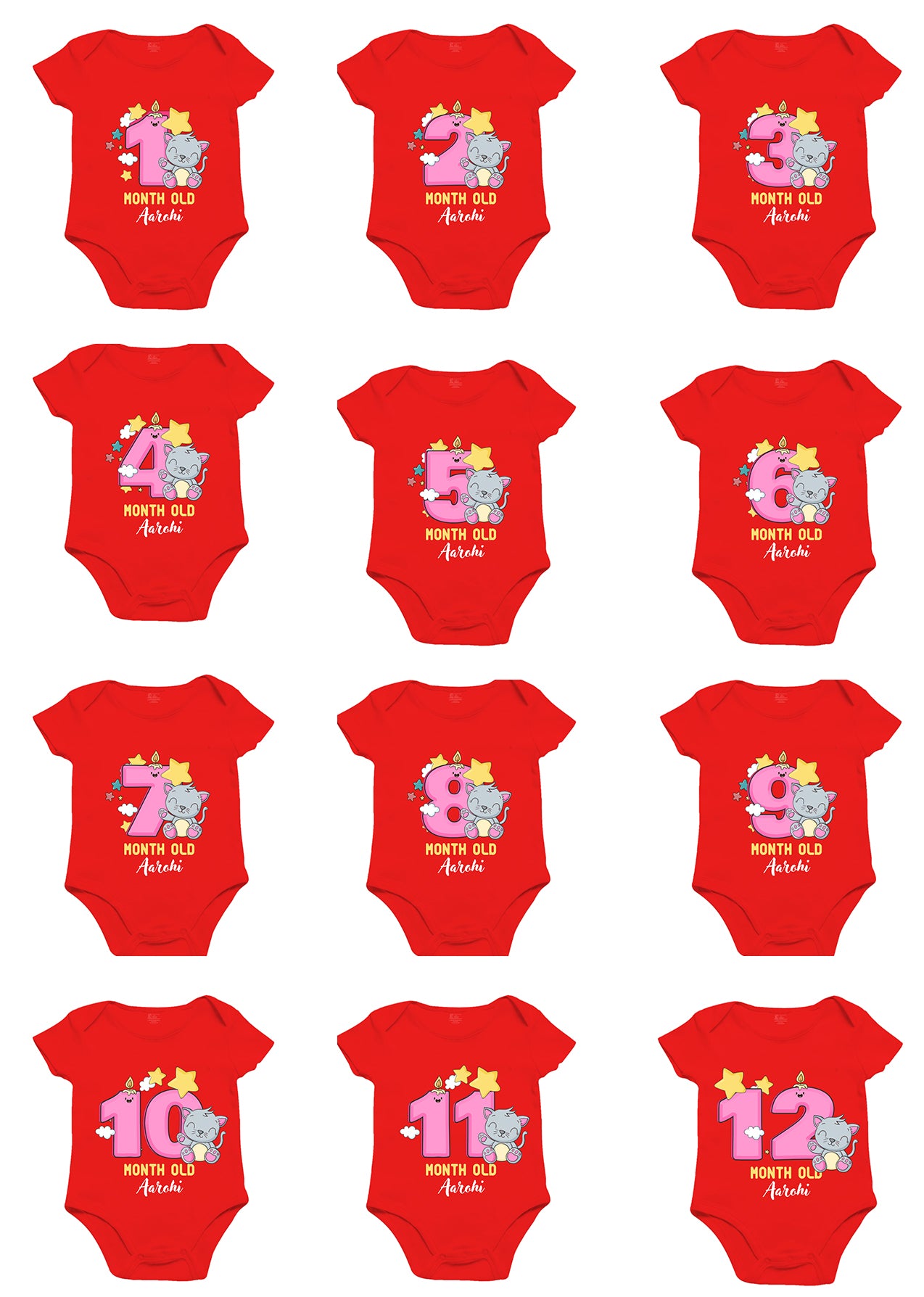 Infant monthly birthday with customized Baby Girl name 12 Months of Love and Happiness Red onesies