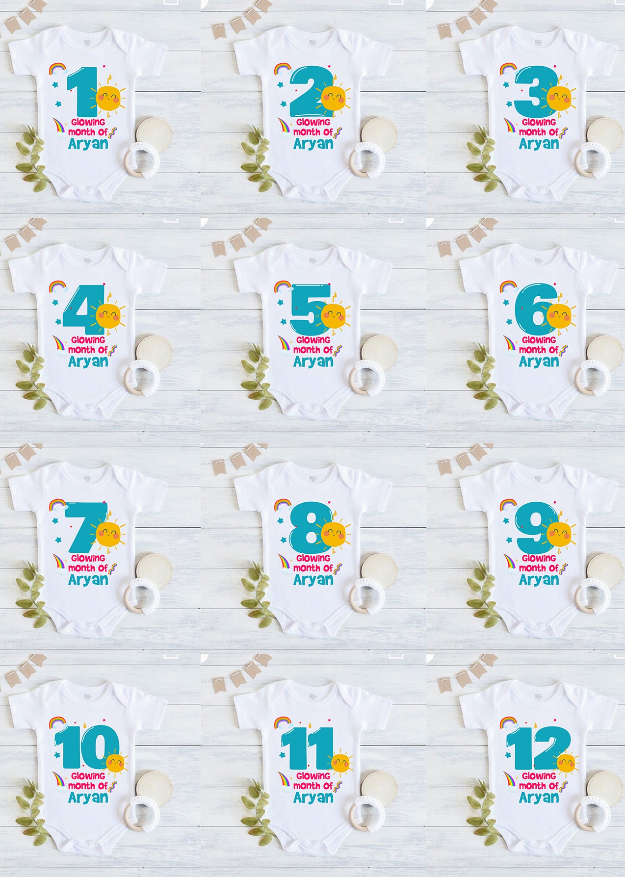 Infant monthly birthday with customized name 12 Months of Love and Happiness onesies