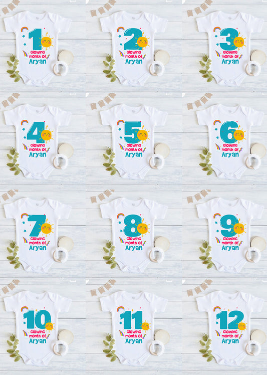 Infant monthly birthday with customized name 12 Months of Love and Happiness onesies