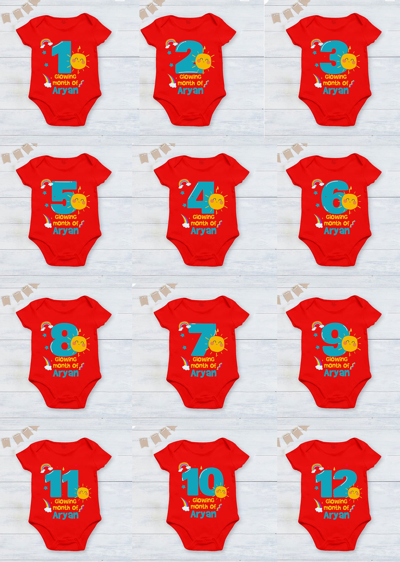 Infant monthly birthday with customized Baby Boy name 12 Months of Love and Happiness Red onesies