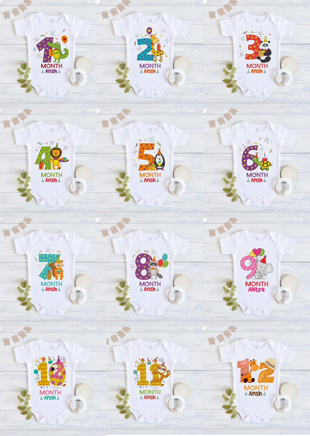 Infant monthly birthday 12 Months of Love onesies together