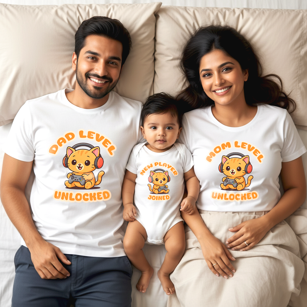 Family Level Unlocked _ Total Family Twinning White T-shirt & Baby Onesie