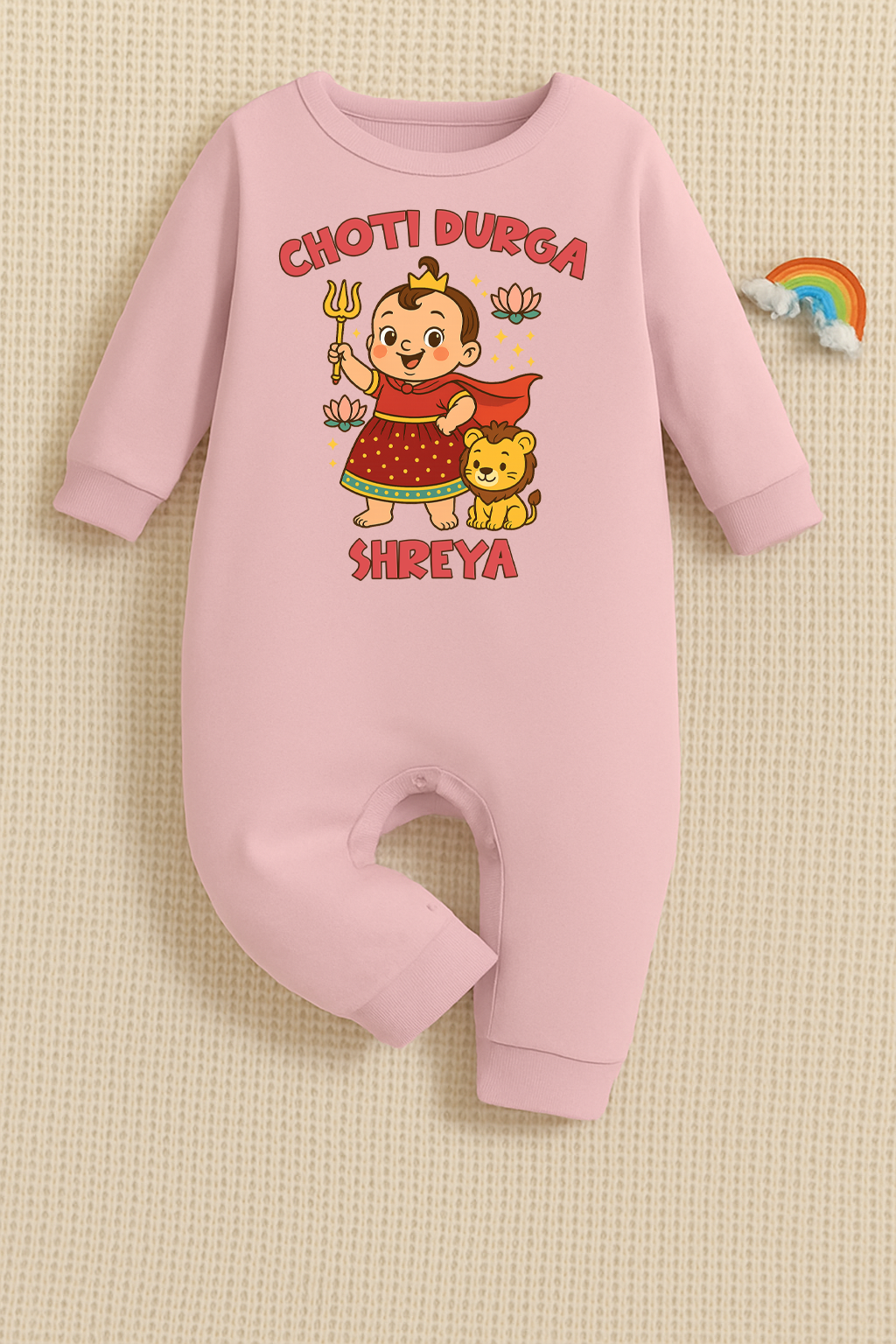 Choti Durga with Customized Baby Girl Name _ Full Pink Romper