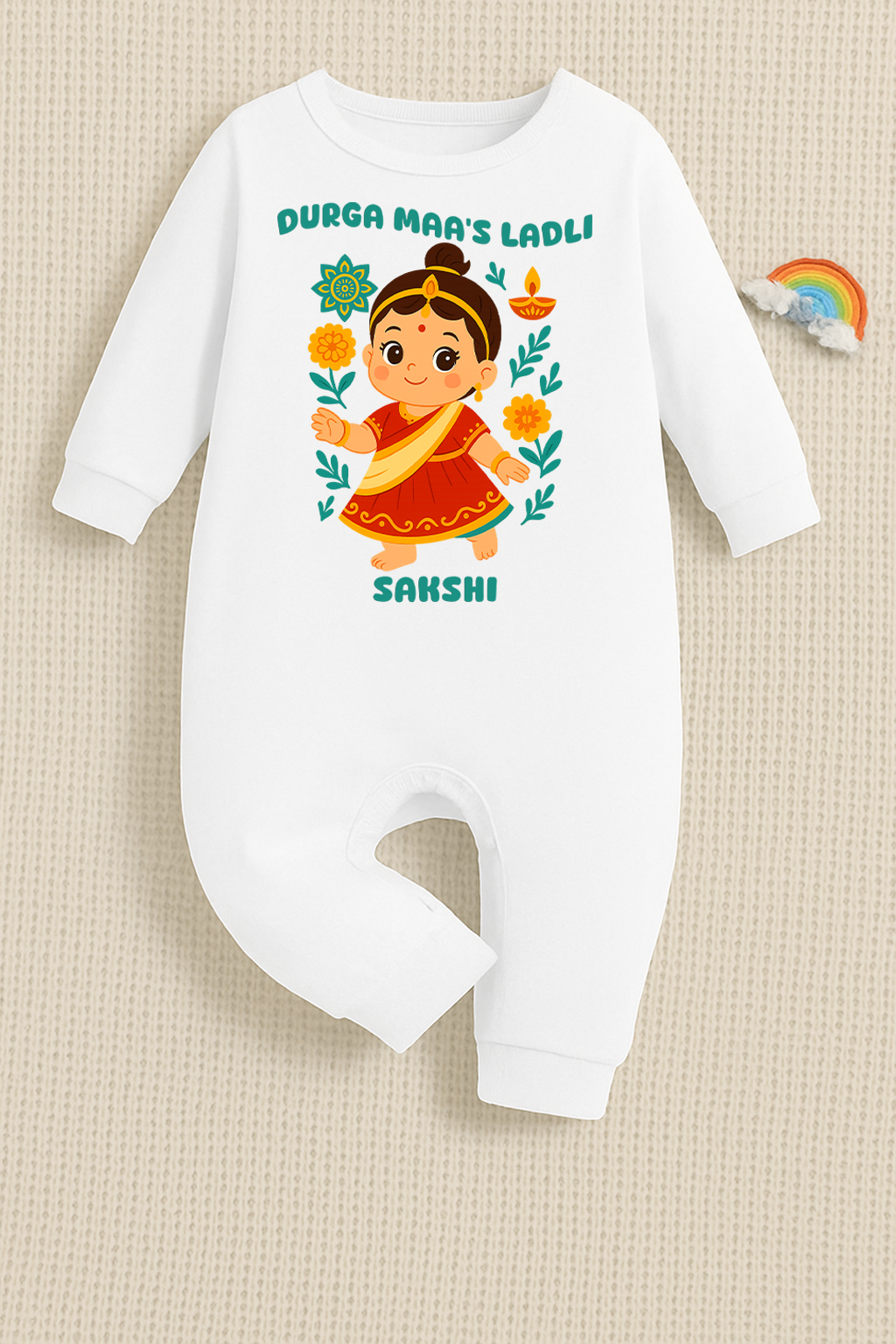 Durga Maa's Ladli With Customized Baby Girl Name _ Full White Romper