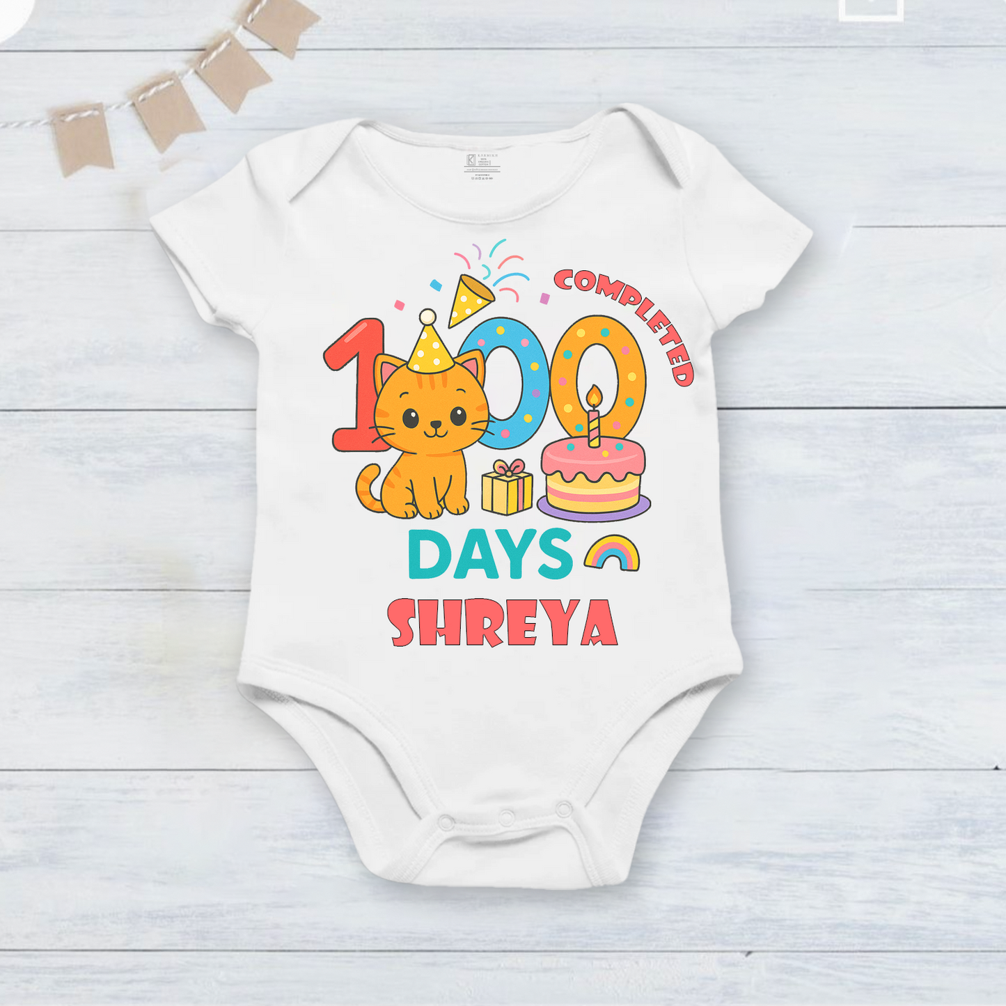 100 Days Completed with customized baby name _ White romper