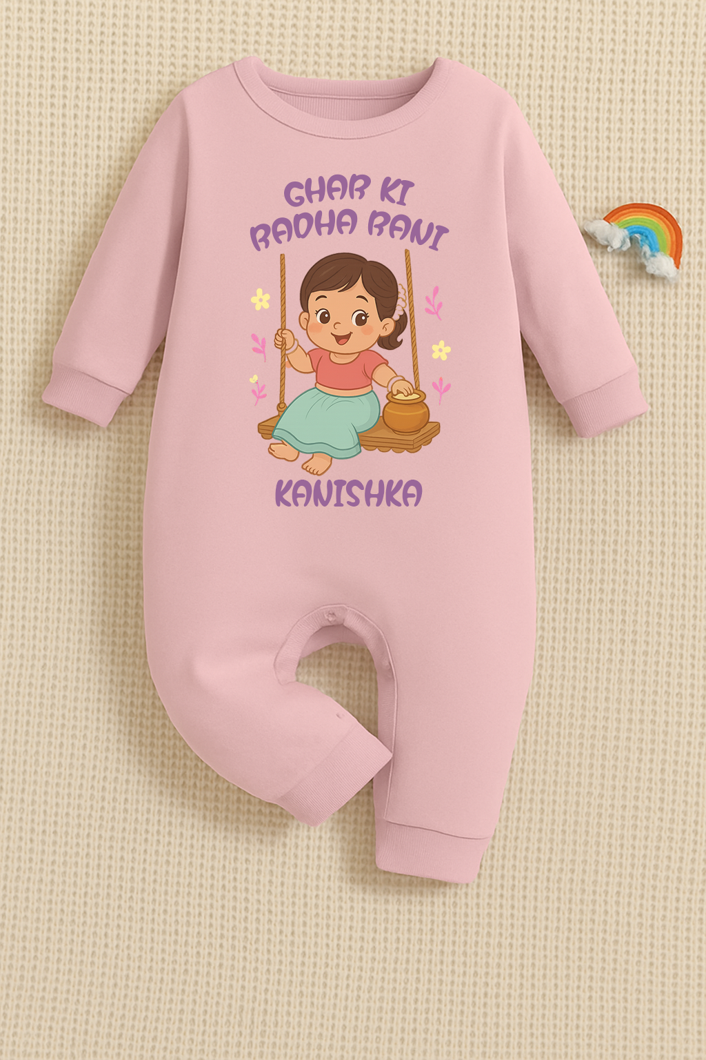 Ghar ki Radha Rani with customised baby name _Full Pink Romper