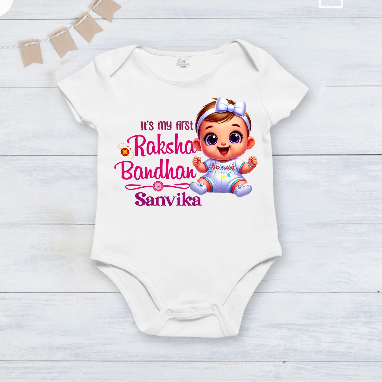 My First Raksha Bandhan with customised baby name_ white romper