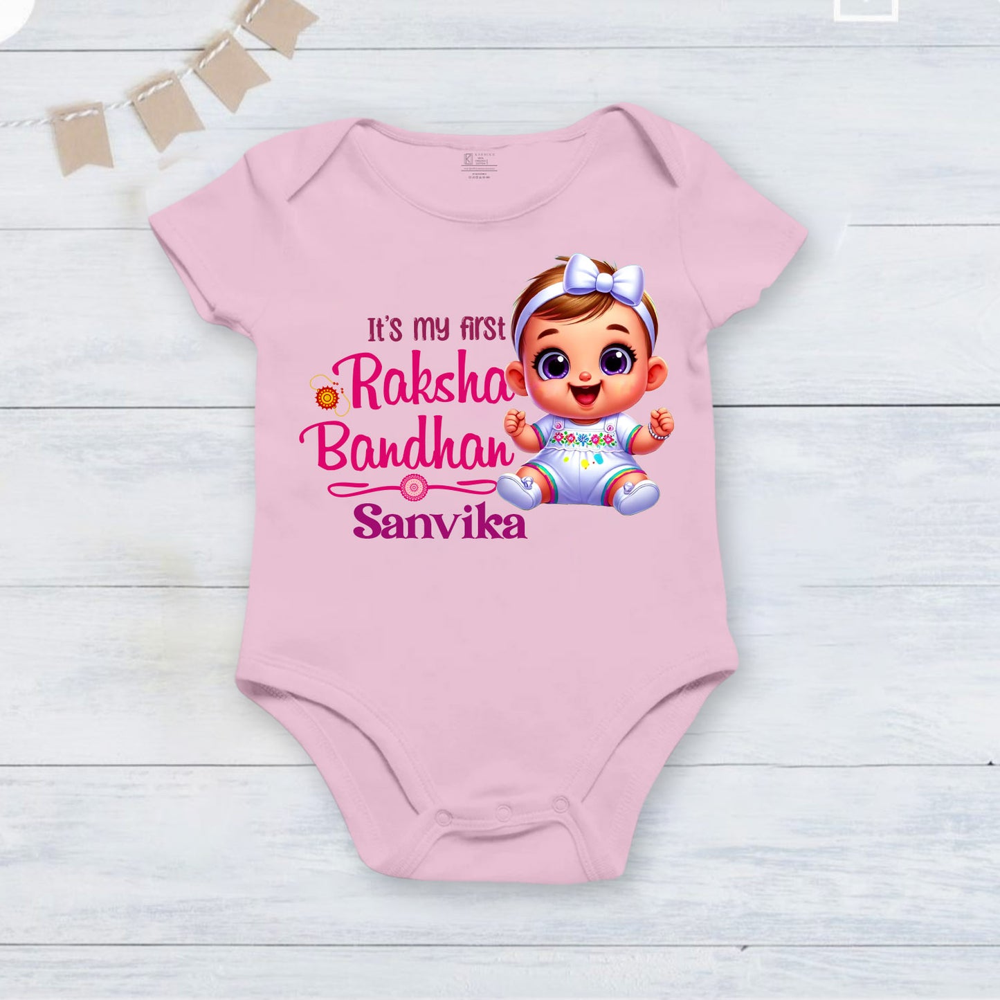 My First Raksha Bandhan with customised baby name_ pink romper
