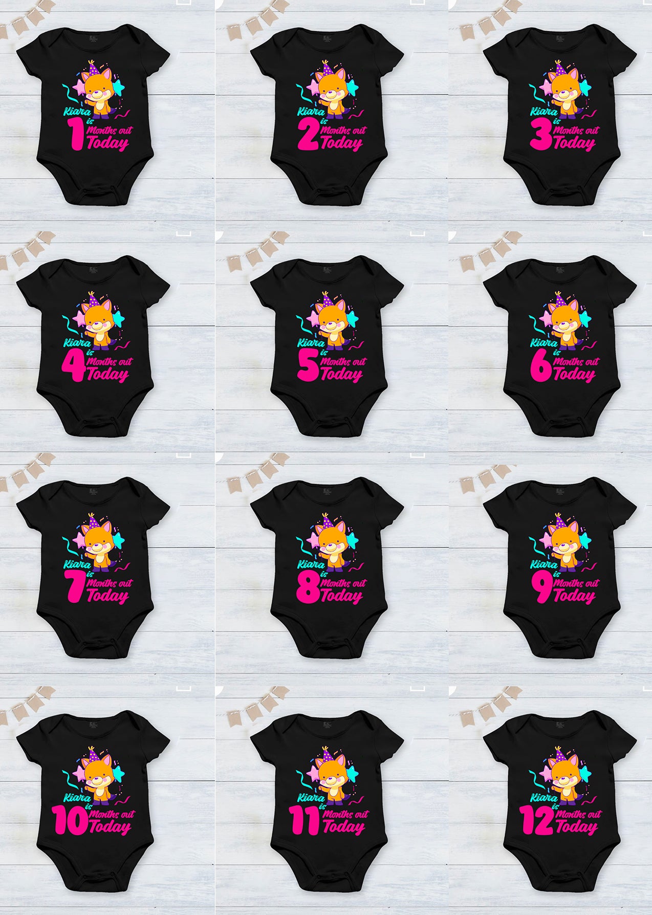 Infant monthly birthday with customized Baby Girl name 12 Months of Love and Happiness Black onesies