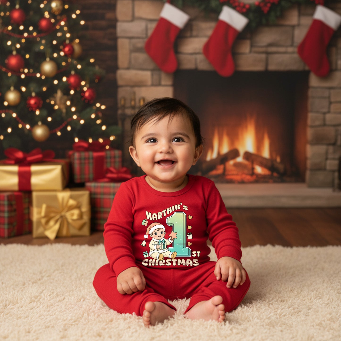 Karthik's First Christmas 03 _ Full Red Romper