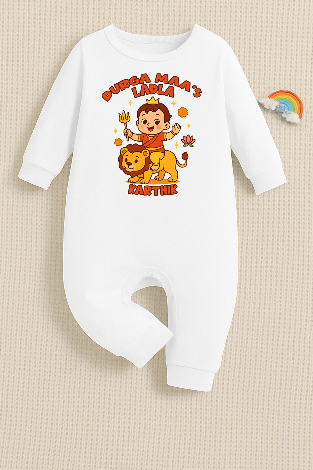 Durga Maa's Ladla With Customized Baby Name _ Full White Romper