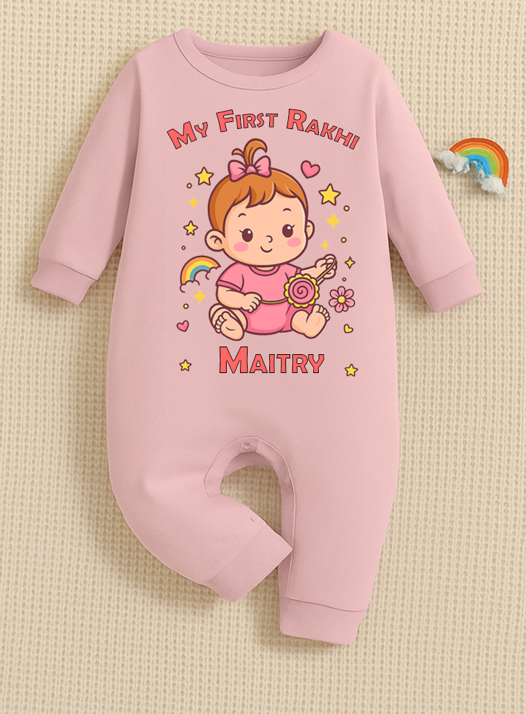 My First Rakhi with customised name_ Adorable Pink Full Romper