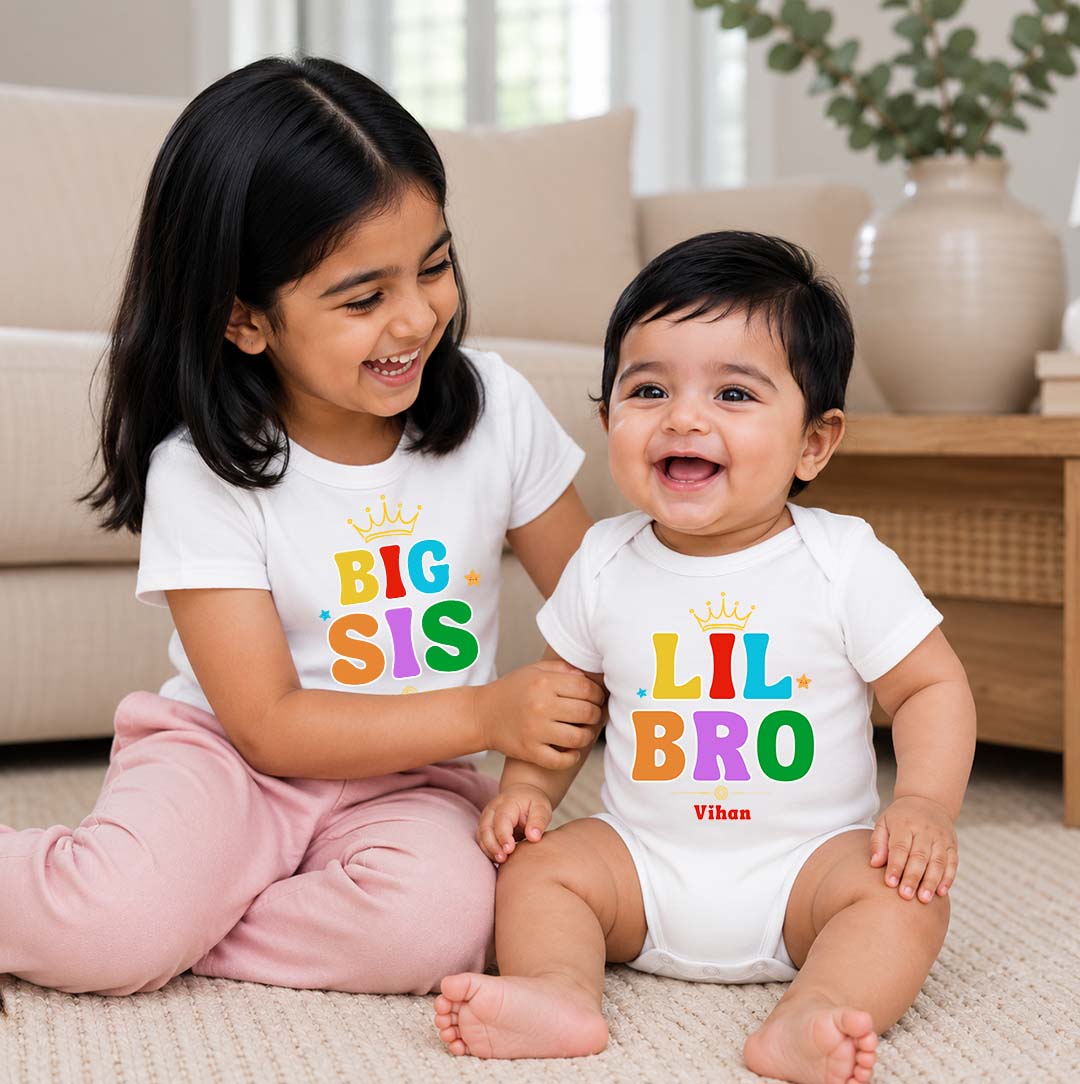Combo pack of Big Sis, Little Bro Crown design with Customised Name_ White Tees & Onesie