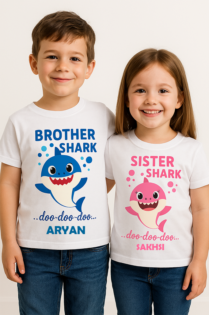 Combo pack of Brother & Sister Cute Shark Design with Customised Name_ White Tees