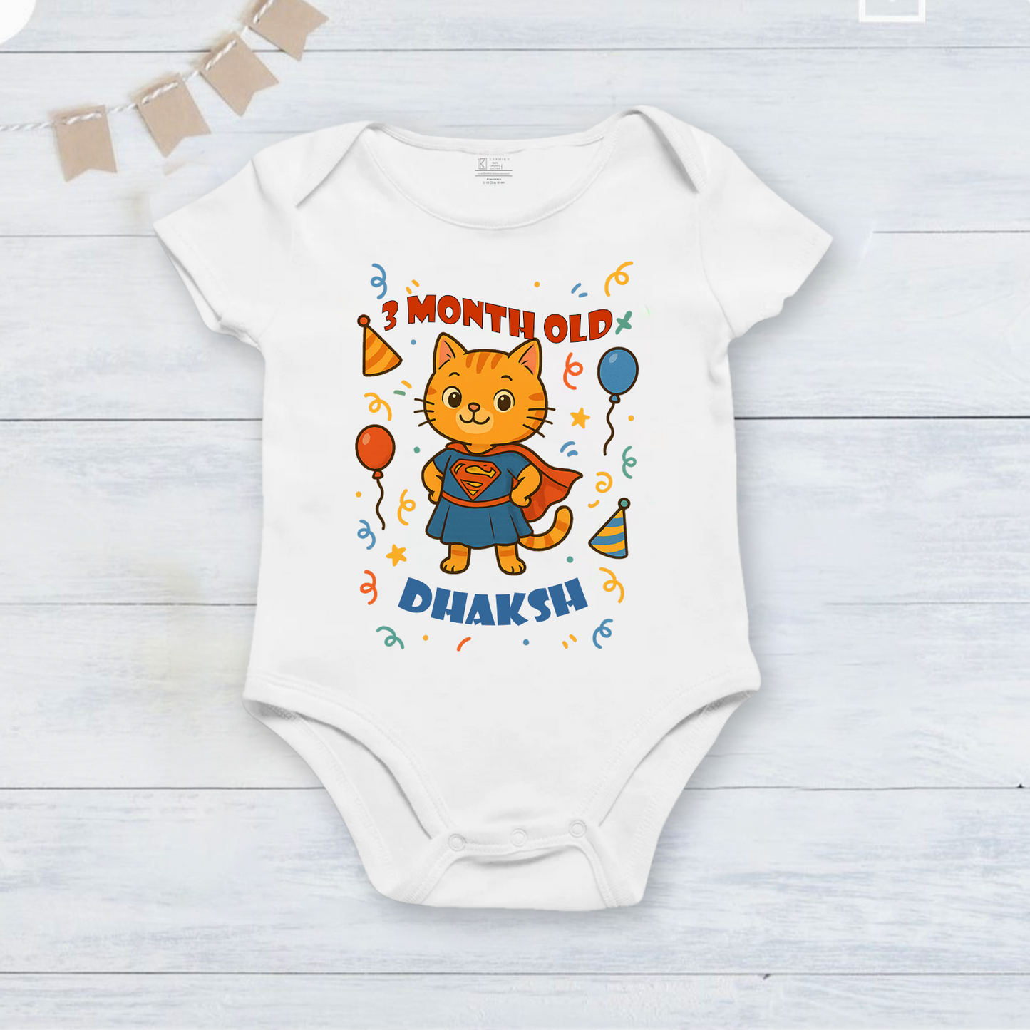 3rd Infant monthly birthday 12 Months of Love cute super cat design_ Customized name White Onesie