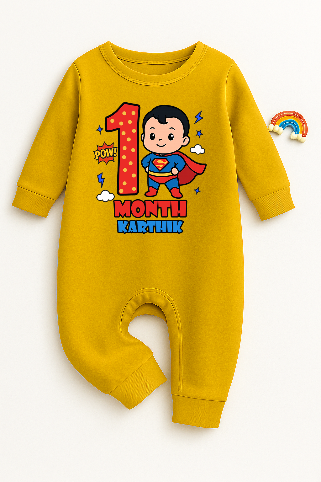 Infant monthly birthday Super Baby With Customized Baby Name _ Full Yellow Romper