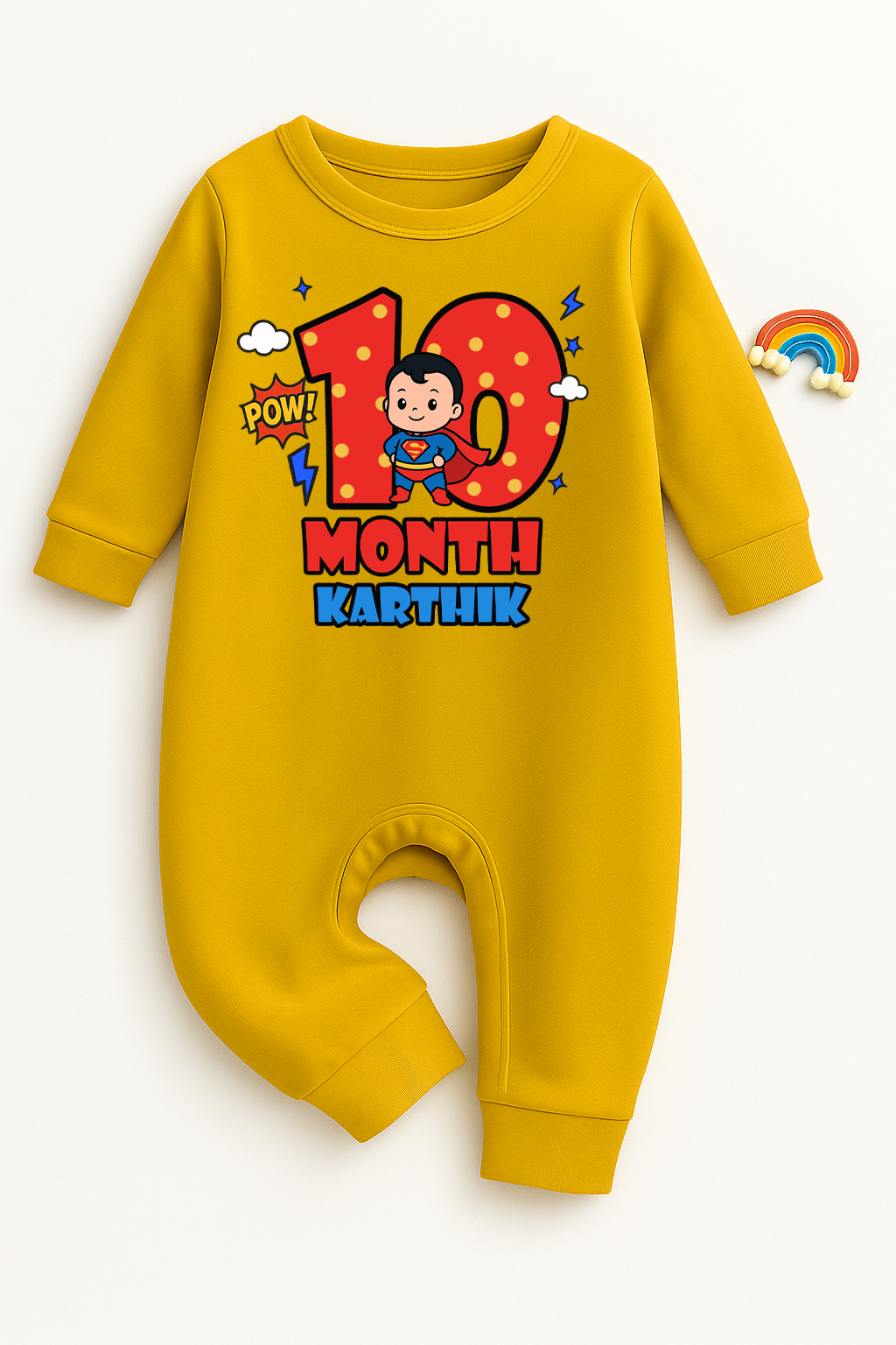 Infant monthly birthday Super Baby With Customized Baby Name _ Full Yellow Romper