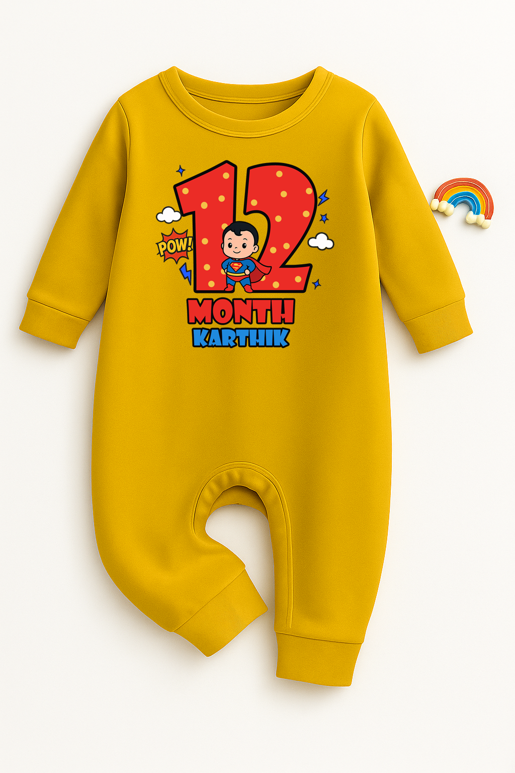 Infant monthly birthday Super Baby With Customized Baby Name _ Full Yellow Romper