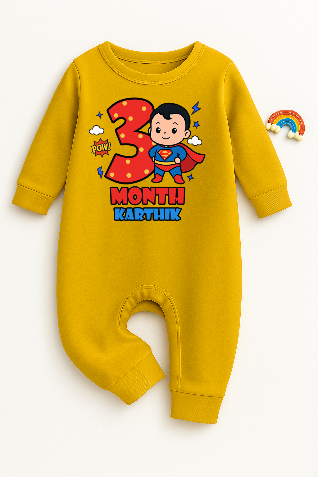 Infant monthly birthday Super Baby With Customized Baby Name _ Full Yellow Romper
