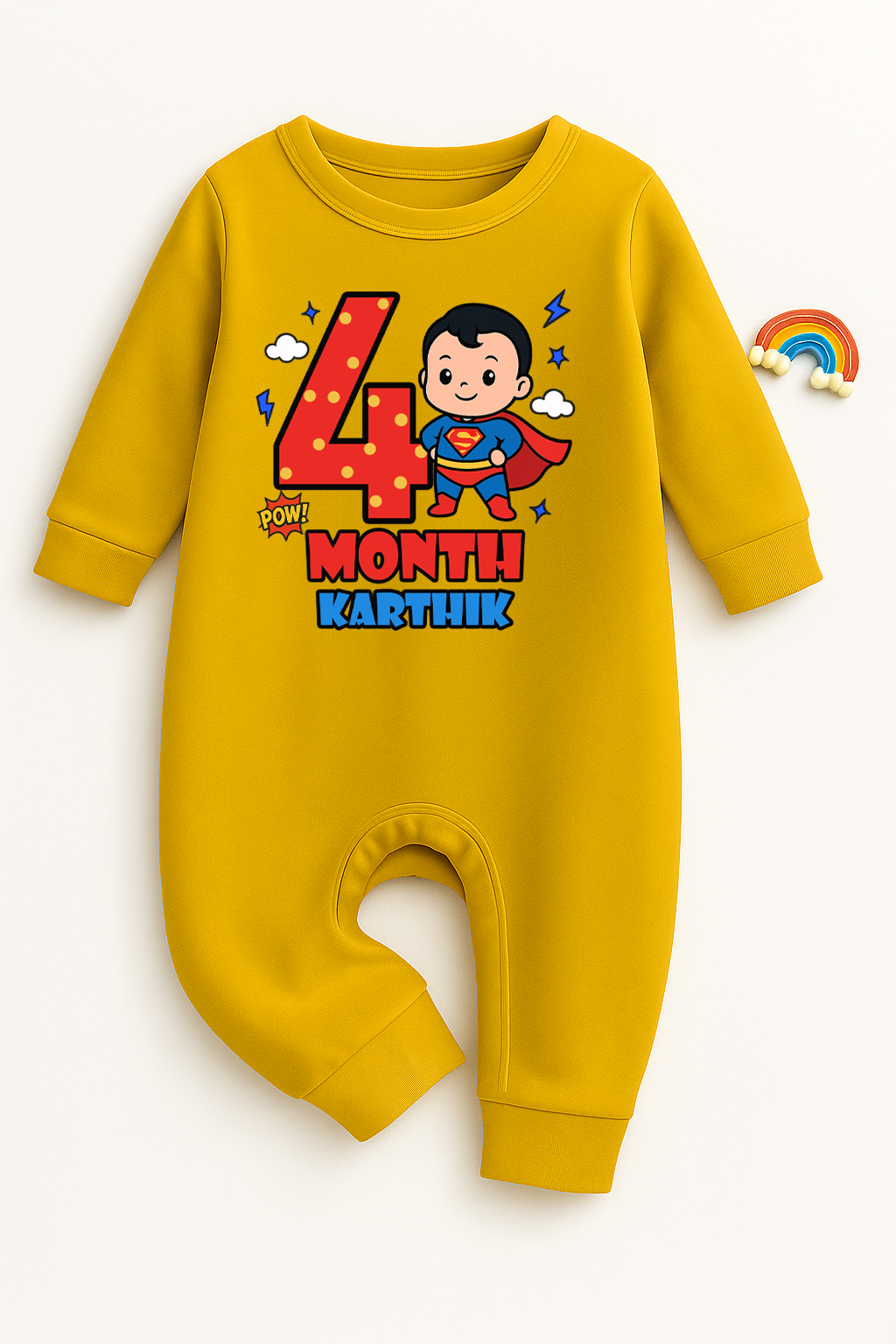 Infant monthly birthday Super Baby With Customized Baby Name _ Full Yellow Romper