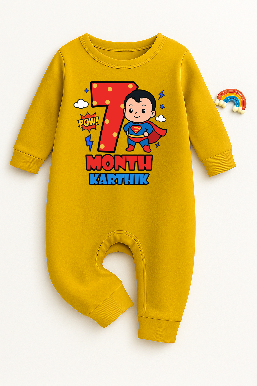 Infant monthly birthday Super Baby With Customized Baby Name _ Full Yellow Romper