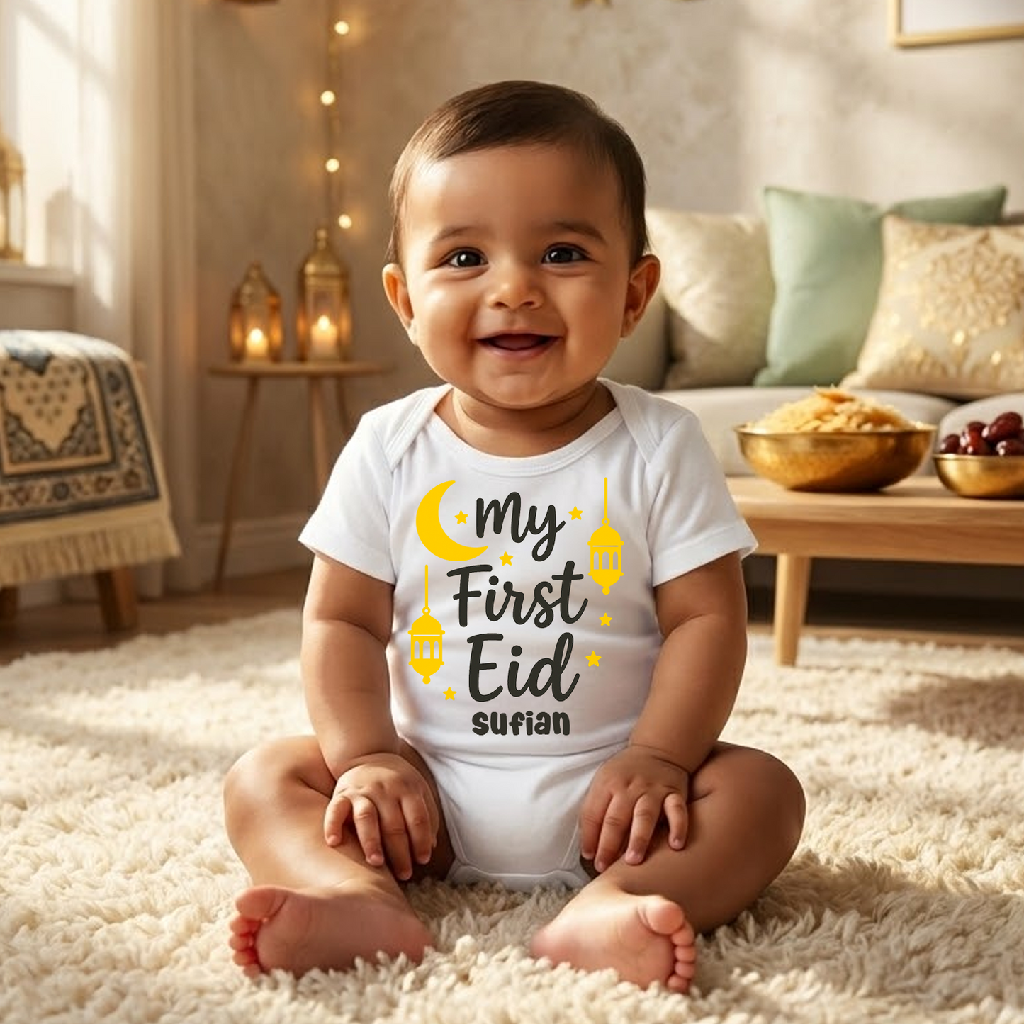 My First EID With Customized Baby Name – Adorable White Onesies