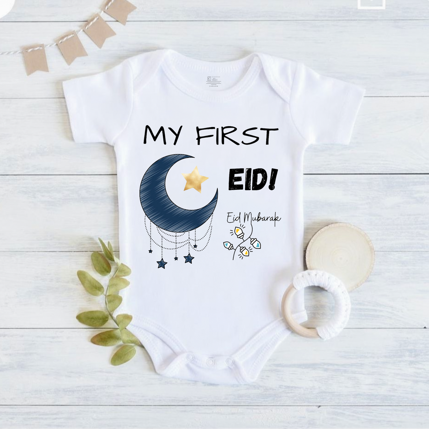 Newborn & Baby Clothing | Baby First Eid White Onesies | Soft Cotton